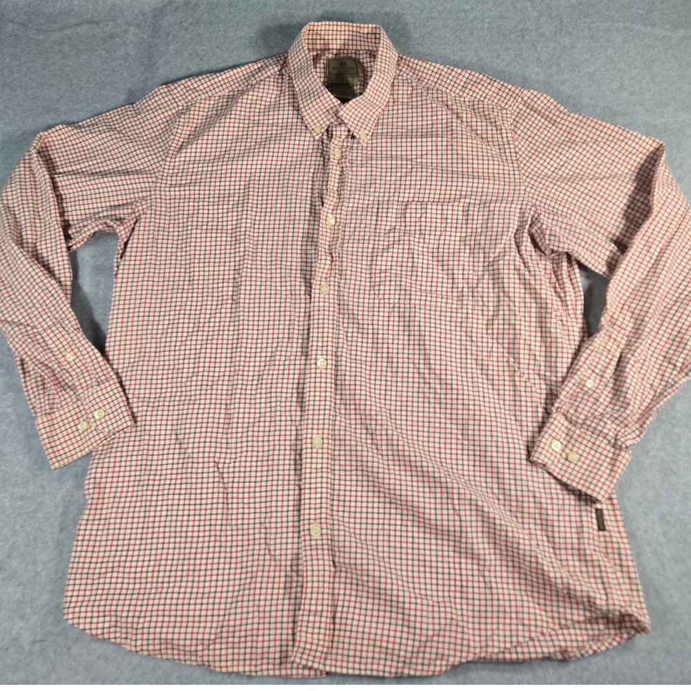 Beretta Mens XL Red Navy Tattersall Check Cotton Button Down Shirt Long Sleeve
